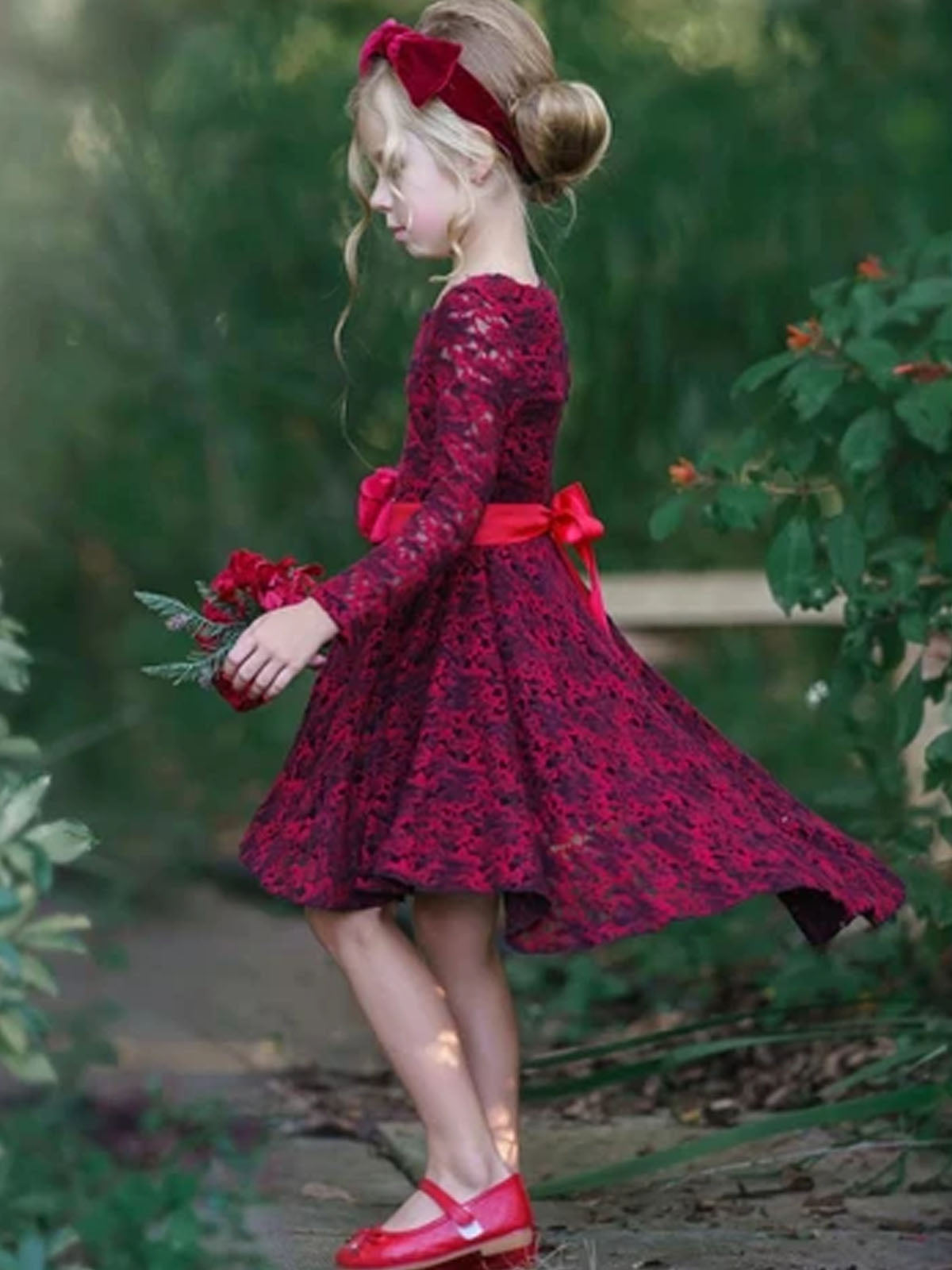 Girls A-Line Long Sleeve Lace Twirl Dress with Satin Flower Sash - Girls Fall Dressy Dress