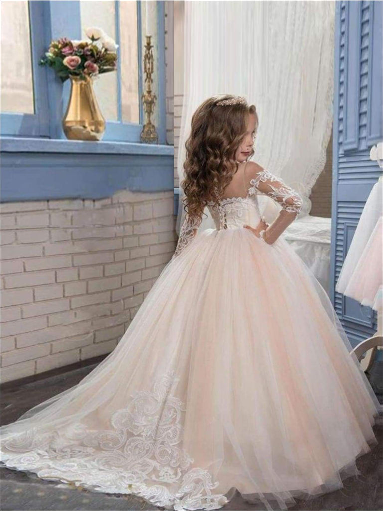 Children's Formal Dresses | Girls Sheer Sleeve Champagne Puffy Dress – Mia  Belle Girls