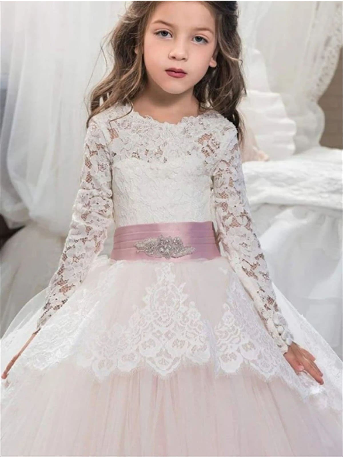 Girls Communion Dresses | Lace Sleeve Crystal Sash Princess Gown