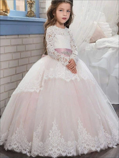 Girls Communion Dresses | Lace Sleeve Crystal Sash Princess Gown