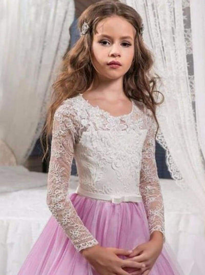 Girls Formal Dresses  | Lace Sleeve Pink Flower Girl Communion Gown