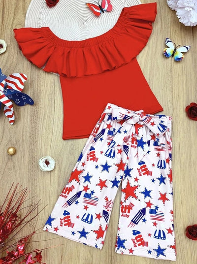 Kids 4th of July Outfits | Girls Red Ruffle Top & Patriotic Pants Set