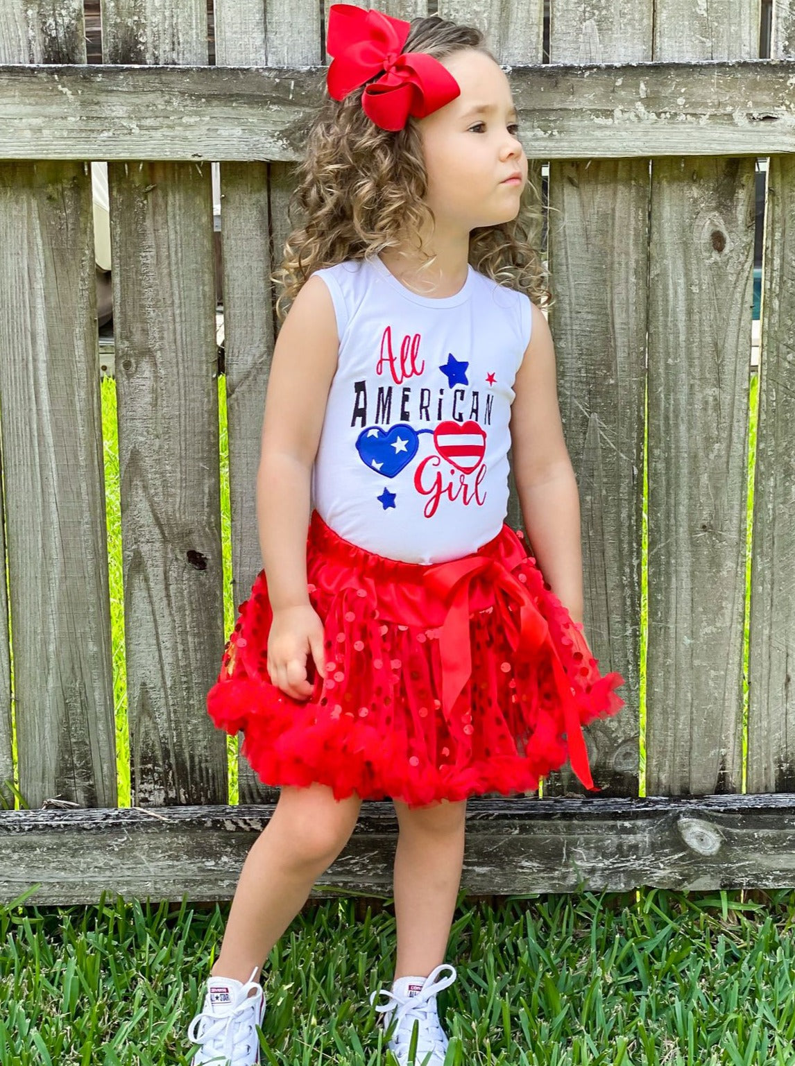 Girls 4th of July Themed Graphic Tank & Bow Sequin Skirt Set