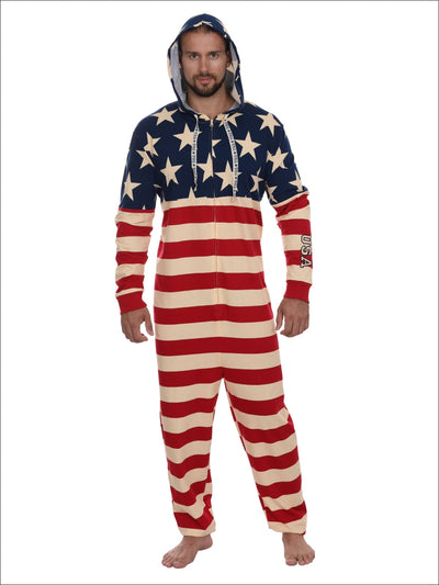 Mens American Flag Hooded Union Suit USA Pajama Costume Onesie Pajama