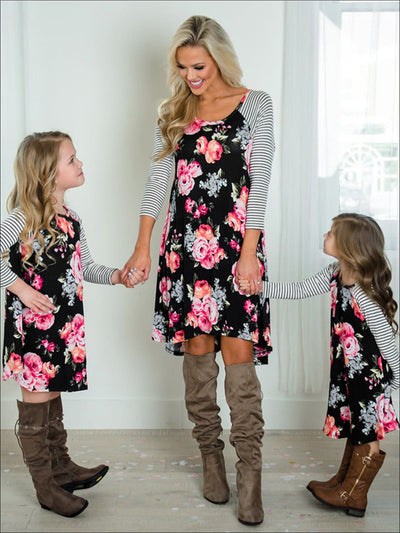 Mommy And Me Floral & Striped Print Raglan Dress - Mommy & Me