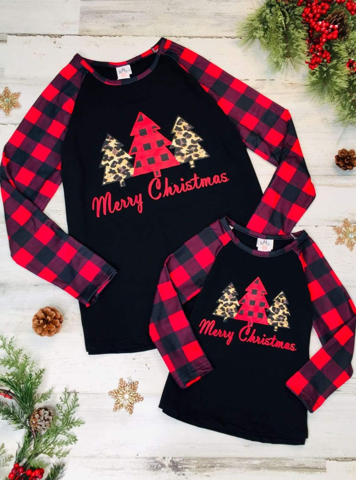 Mommy and Me Matching Tops | Merry Christmas Plaid Raglan Sleeve Top