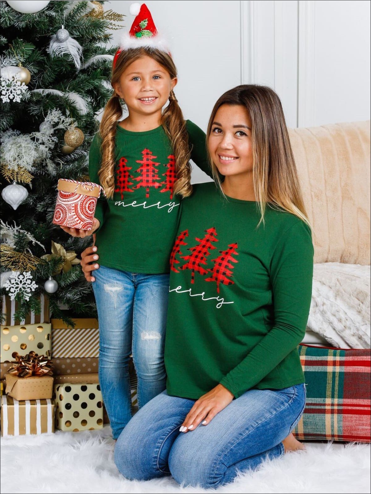Mommy & Me Christmas Tops | Long Sleeve Merry Plaid Christmas Tree Top