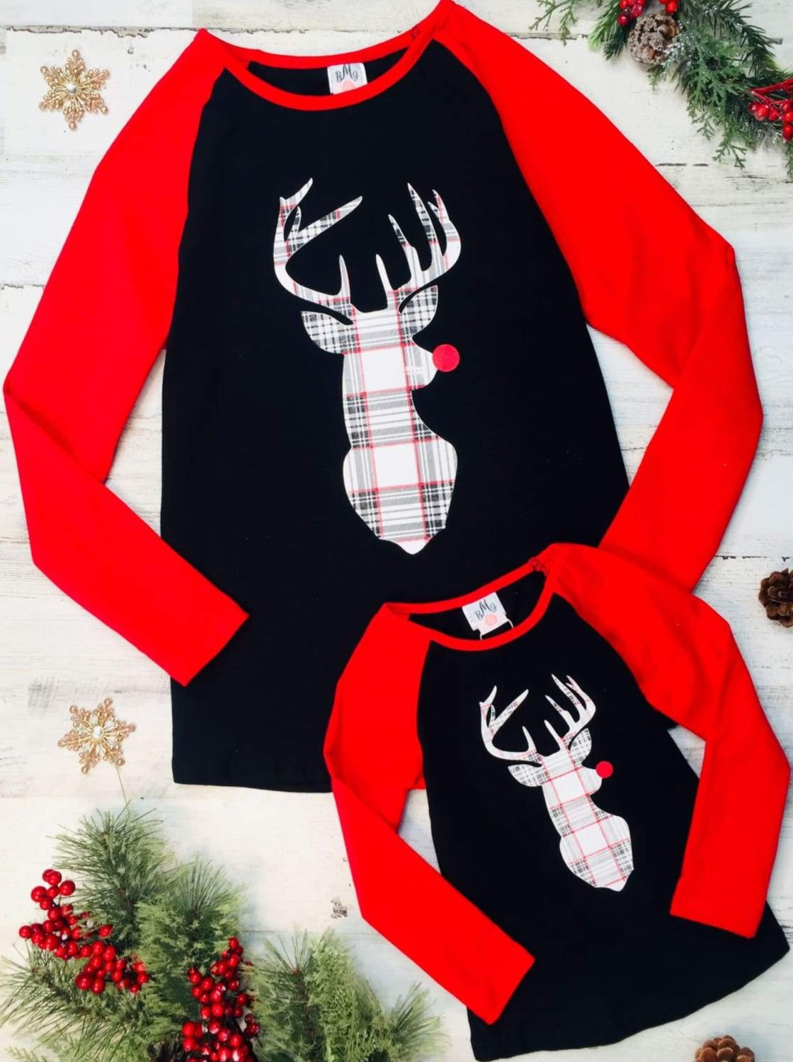 Mommy and Me Plaid Rudolph Reindeer Top - Black / 2T - Mommy & Me Top