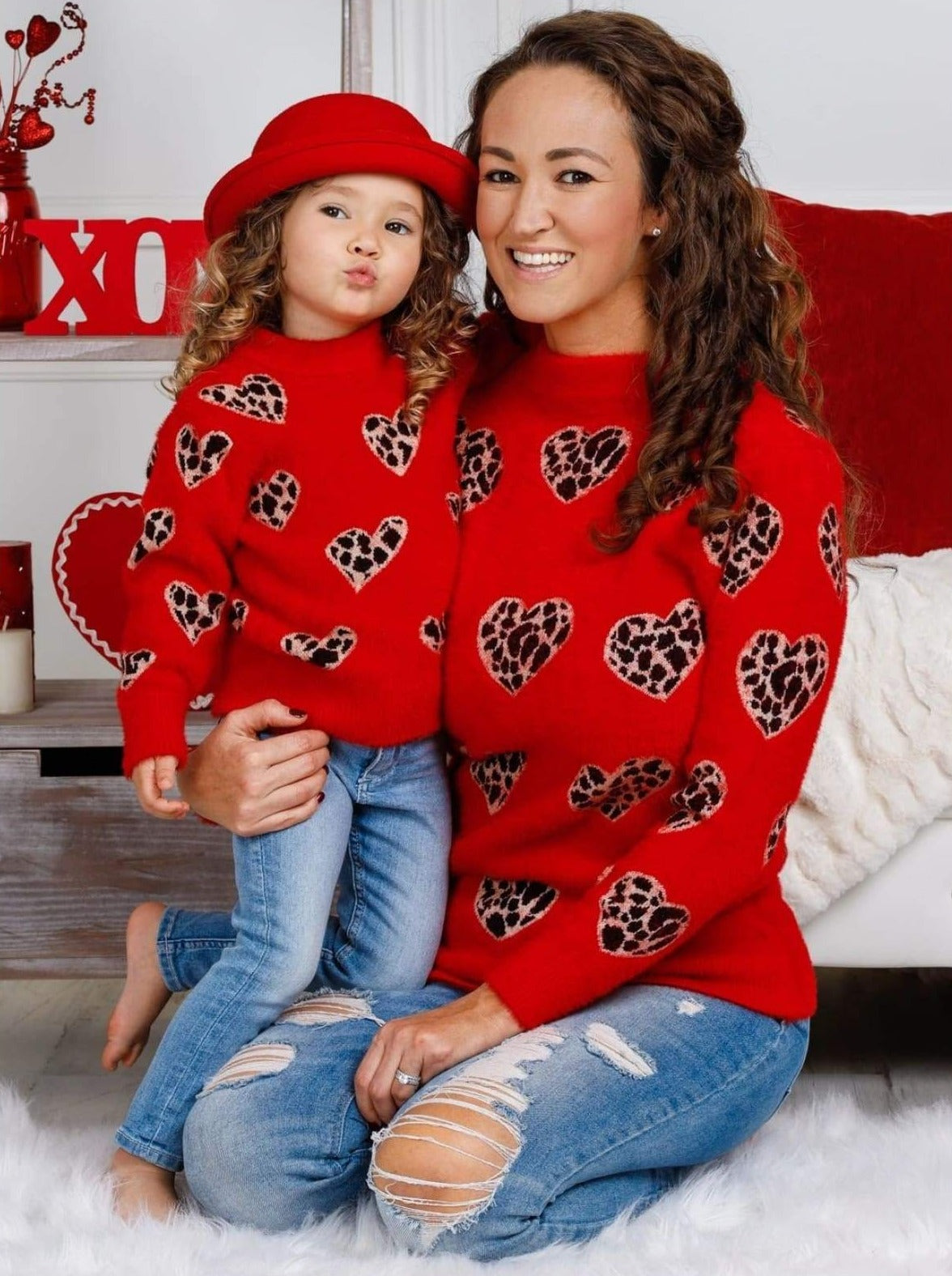 Mommy & Me Sweaters | Leopard Print Heart Sweater | Mia Belle Girls