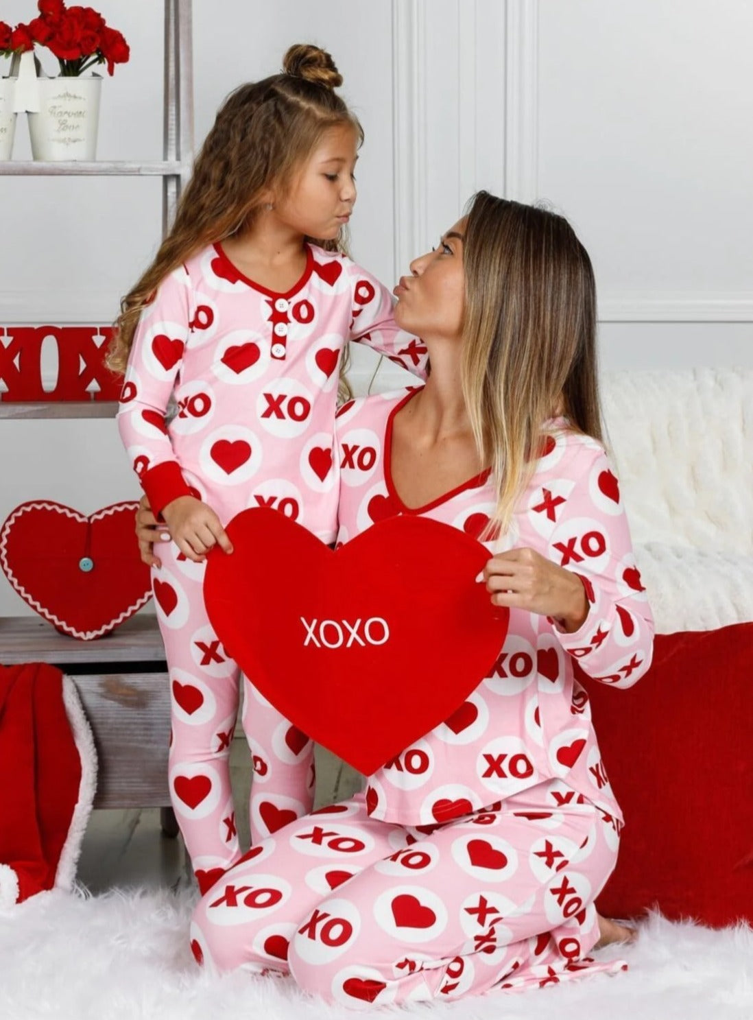 Mommy & Me Valentine's Outfits | Matching XOXO Heart Print Pajama Set