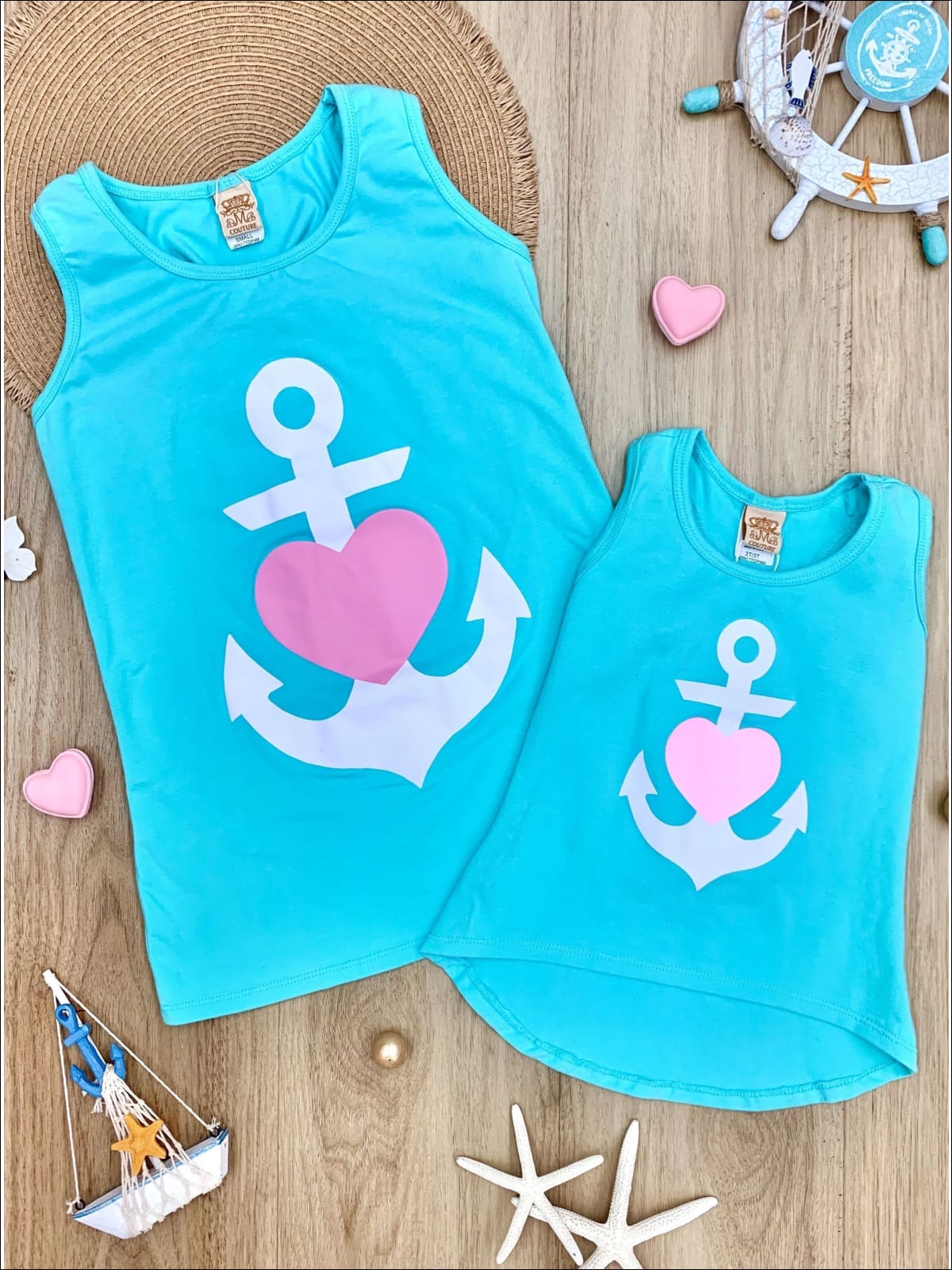 Mommy & Me Back Bow Anchor & Heart Tank - Mint / 2T/3T - Mommy & Me Top