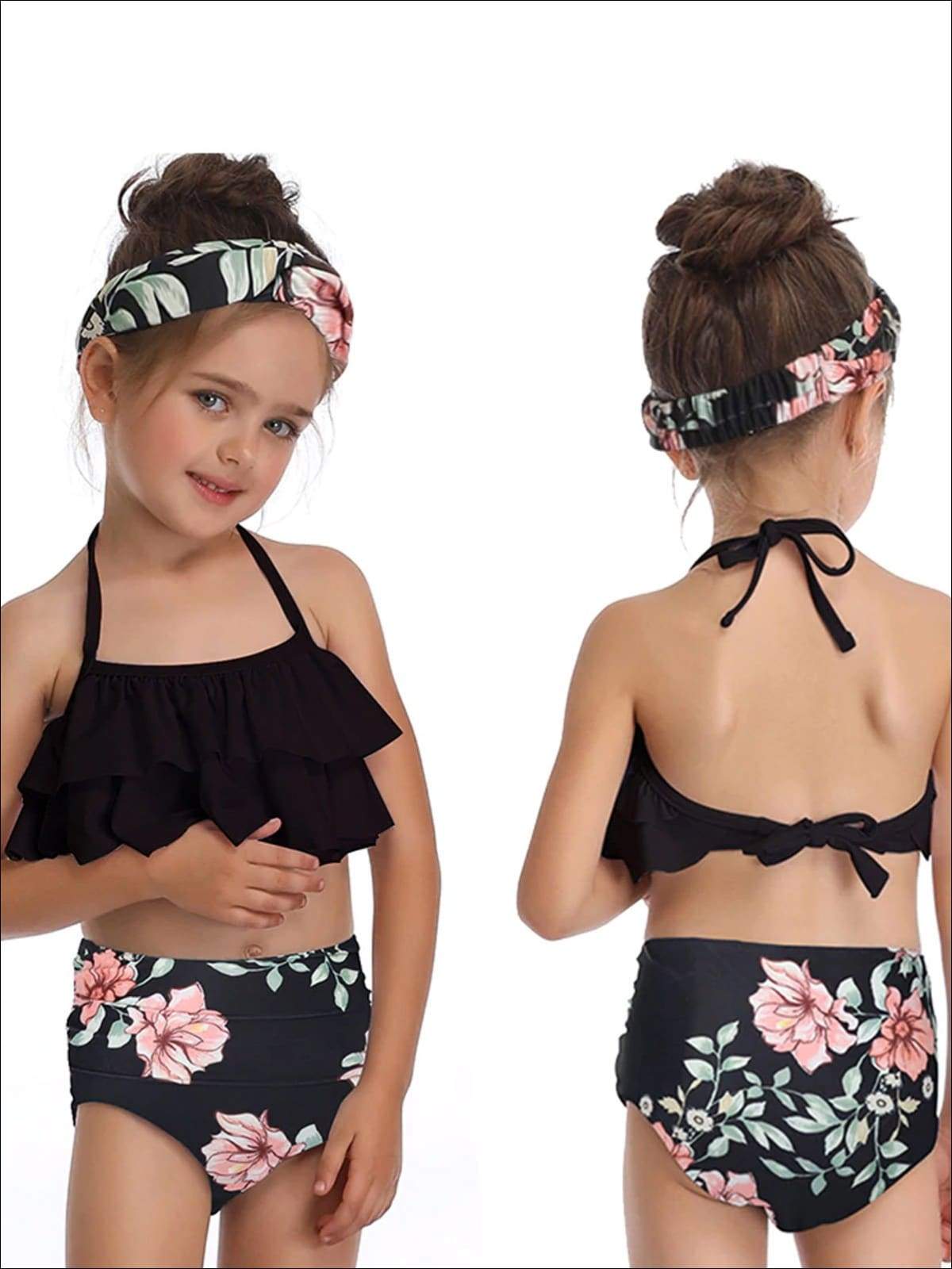 Mommy & Me Black Floral Tiered Ruffle Two Piece Swimsuit - Mommy & Me Swimsuit