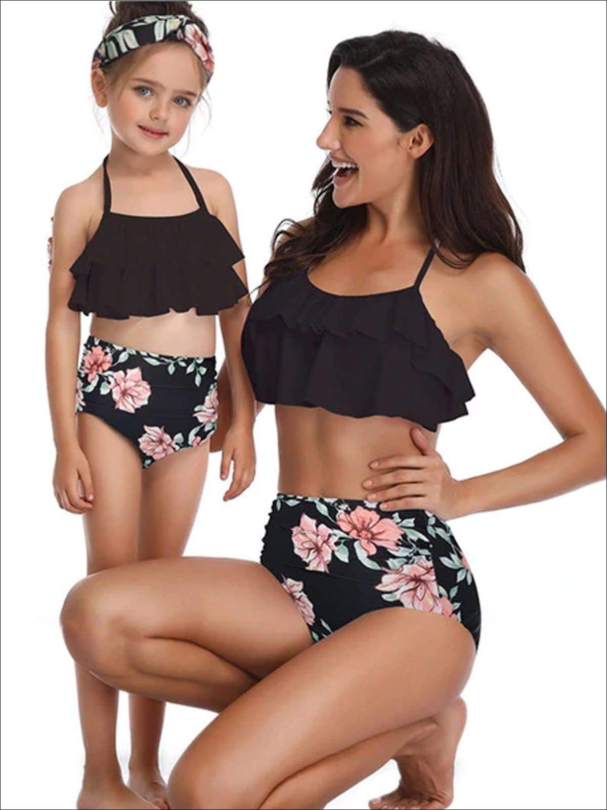 Mommy & Me Black Floral Tiered Ruffle Two Piece Swimsuit - Black / Mom S - Mommy & Me Swimsuit
