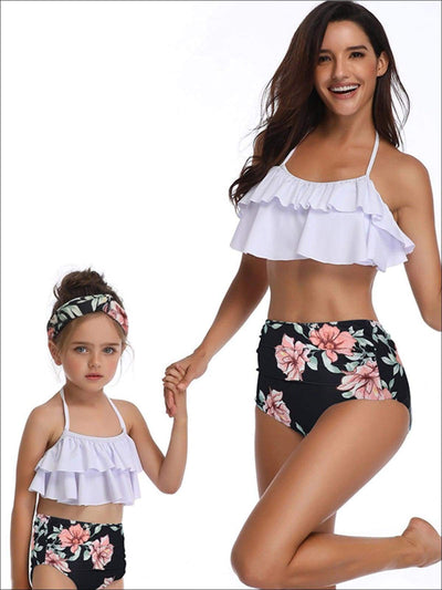 Mommy & Me Black Floral Tiered Ruffle Two Piece Swimsuit - White / Mom S - Mommy & Me Swimsuit