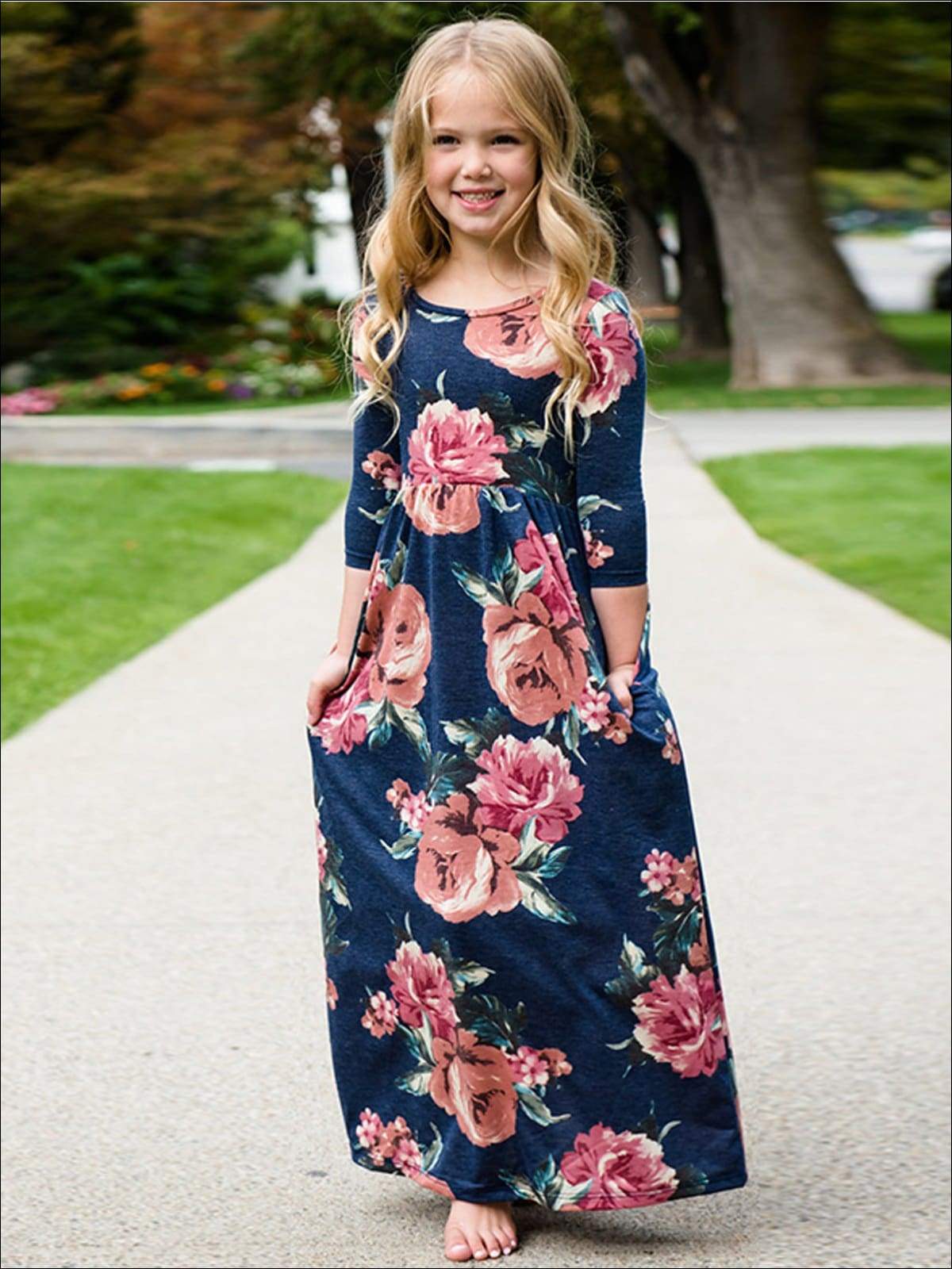 Mommy & Me Blue Long Sleeve Fall Floral Print Maxi Dress – Mia Belle Girls
