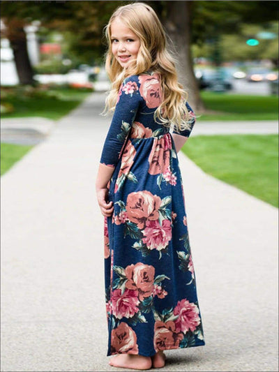 Mommy & Me Blue Long Sleeve Fall Floral Print Maxi Dress – Mia Belle Girls