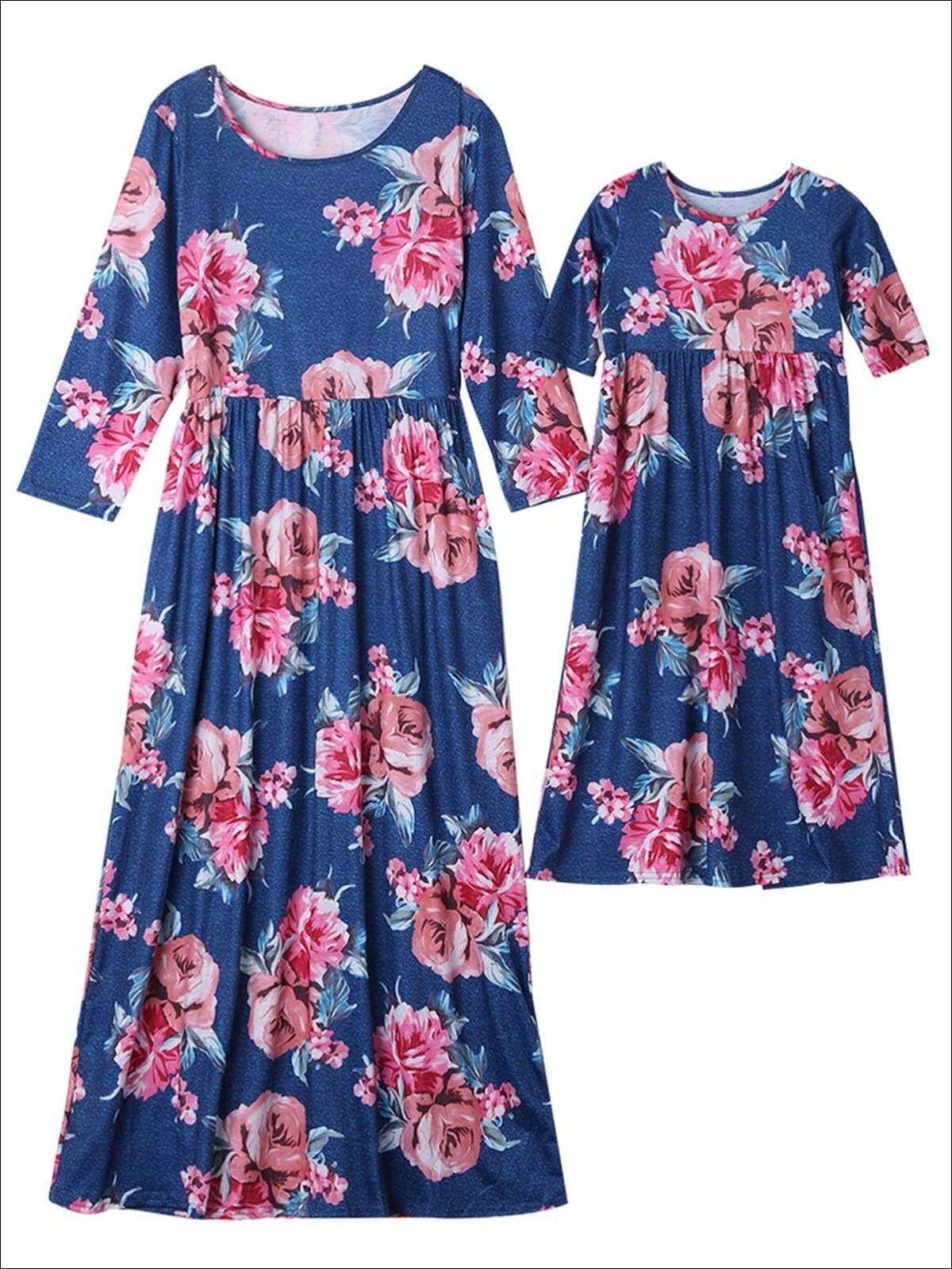 Mommy & Me Blue Long Sleeve Fall Floral Print Maxi Dress - Blue / Mom S - Fall Mommy & Me