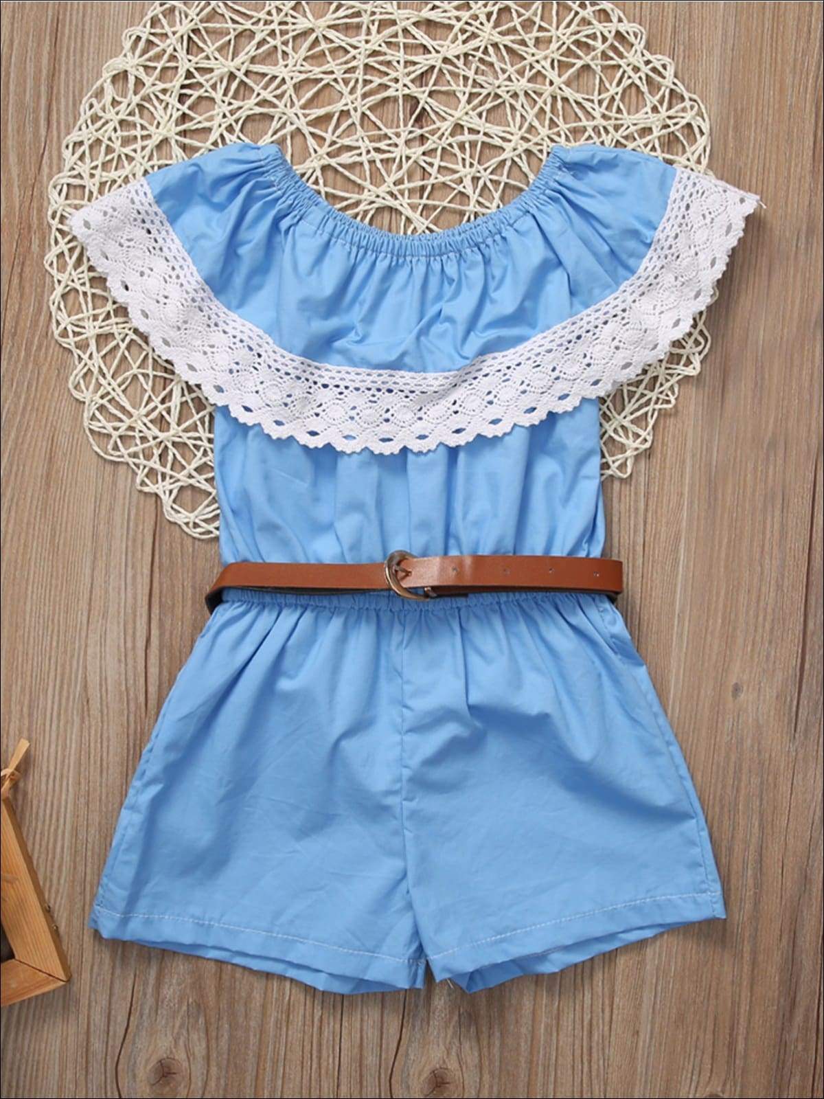 Mother-daughter matching lace bib off-shoulder romper with belted waist; headband for girls - Mia Belle Girls
