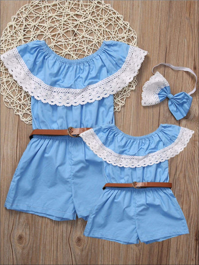 Mommy & Me Outfits | Blue Lace Bib Belted Romper - Mia Belle Girls