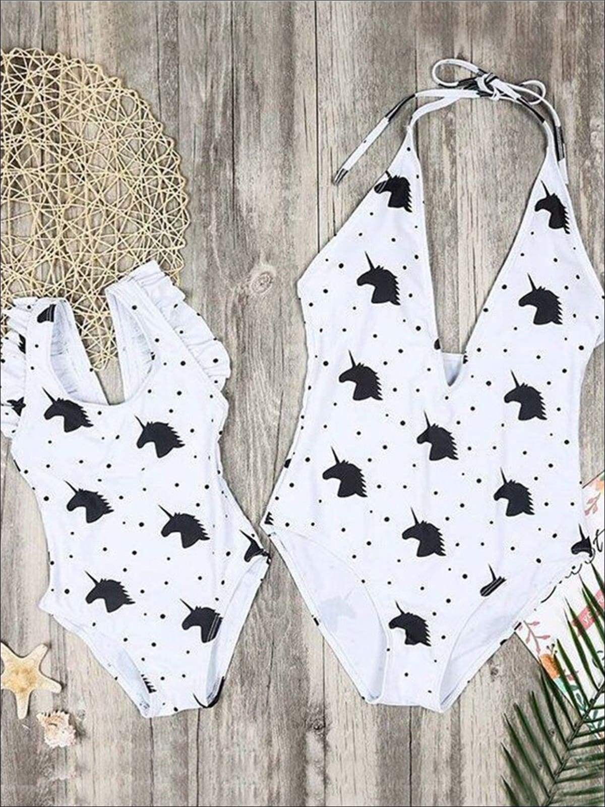 Mommy & Me Dotted Unicorn Print One Piece Swimsuit - Girls One Piece Swimsuit