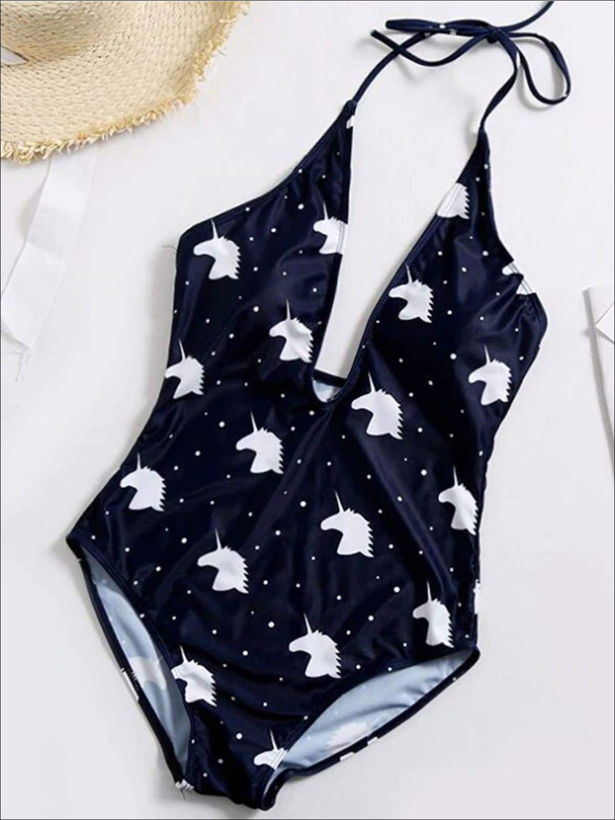Mommy & Me Dotted Unicorn Print One Piece Swimsuit - Mother Blue / S - Girls One Piece Swimsuit