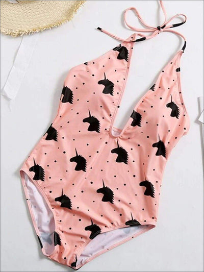 Mommy & Me Dotted Unicorn Print One Piece Swimsuit - Mother Pink / S - Girls One Piece Swimsuit
