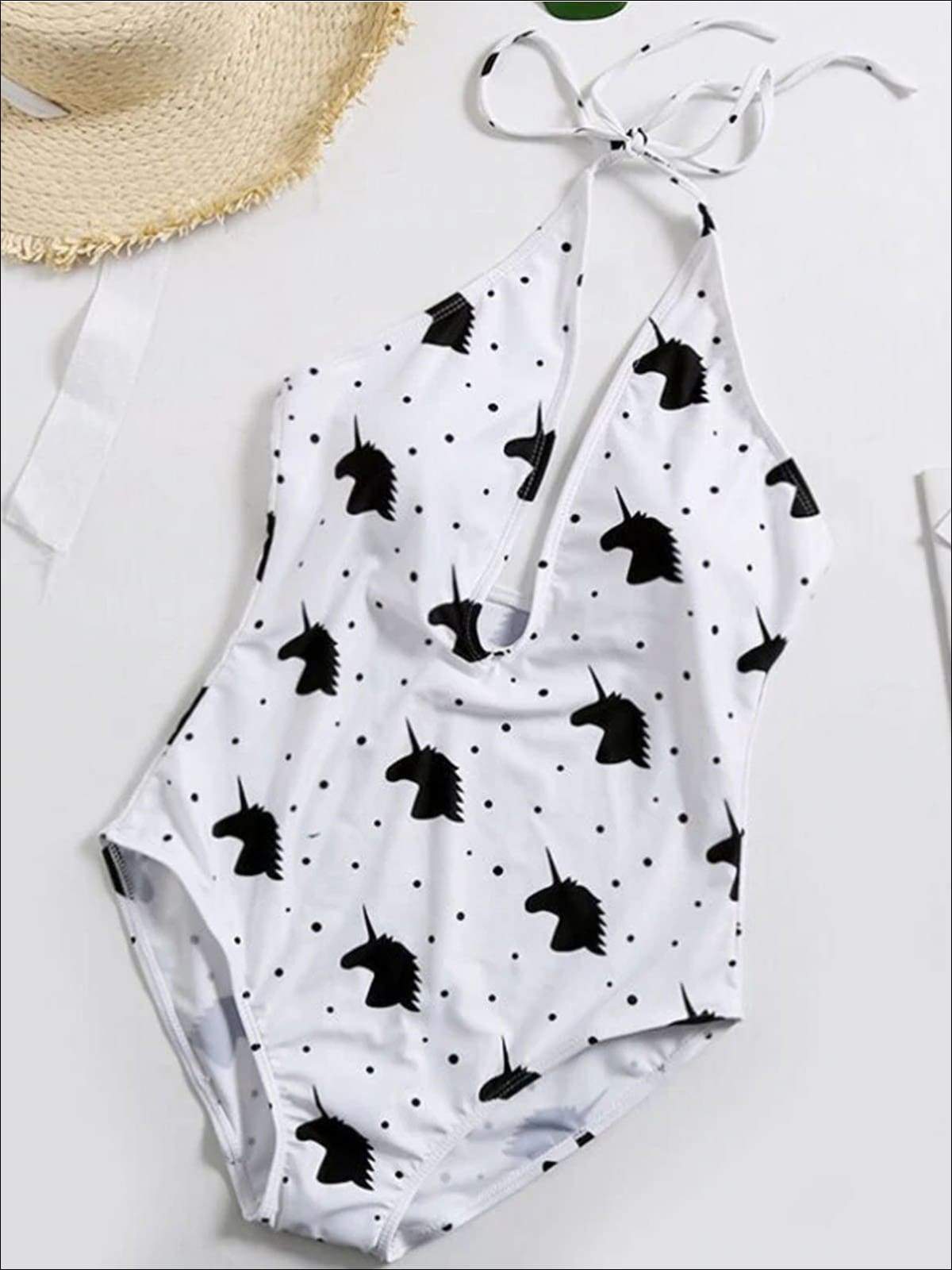 Mommy & Me Dotted Unicorn Print One Piece Swimsuit - Mother White / S - Girls One Piece Swimsuit