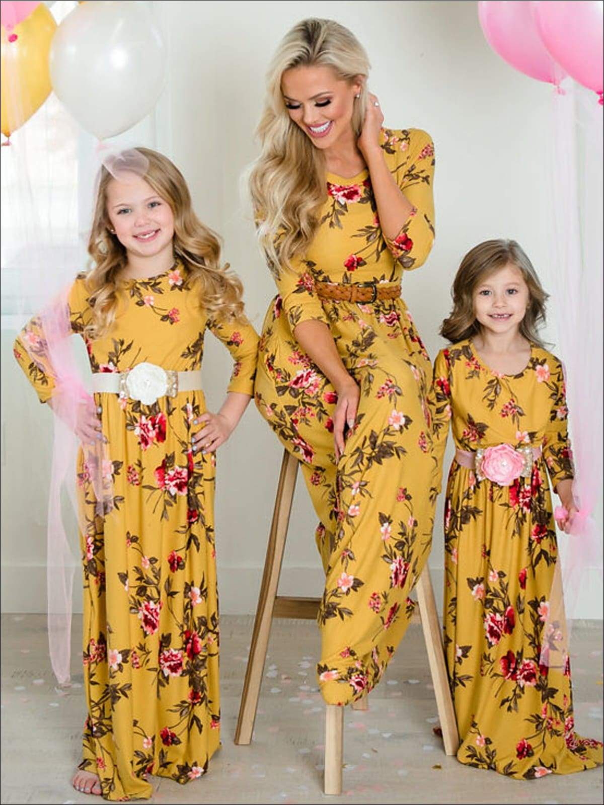 Mommy & Me Fall Floral Long Sleeve Maxi Dress - Mom S / Yellow - Fall Mommy & Me