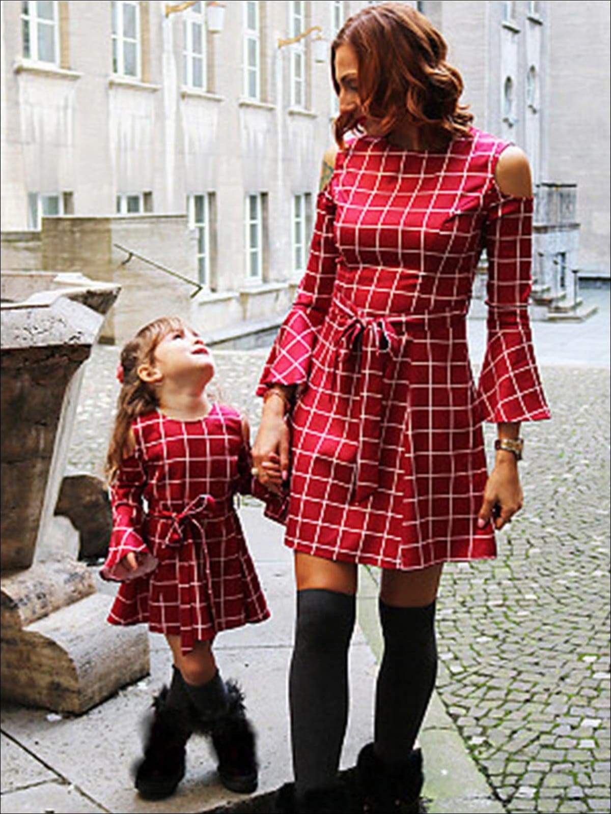 Mommy and Me Matching Dresses | Plaid Cold Shoulder Bell Sleeve Dress 