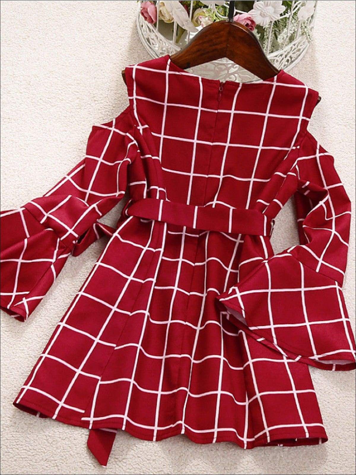 Mommy and Me Matching Dresses | Plaid Cold Shoulder Bell Sleeve Dress 
