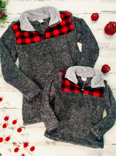 Mommy & Me Sweaters | Fleece Plaid Collar Sweater | Mia Belle Girls