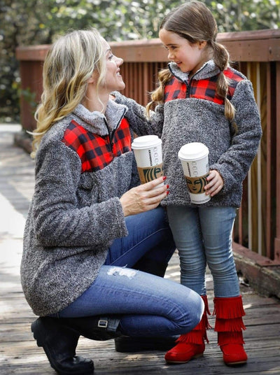 Mommy & Me Sweaters | Fleece Plaid Collar Sweater | Mia Belle Girls