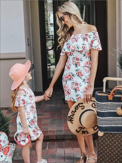 Mommy & Me | Matching Dresses | Cold Shoulder Ruffle Bib Floral Dress