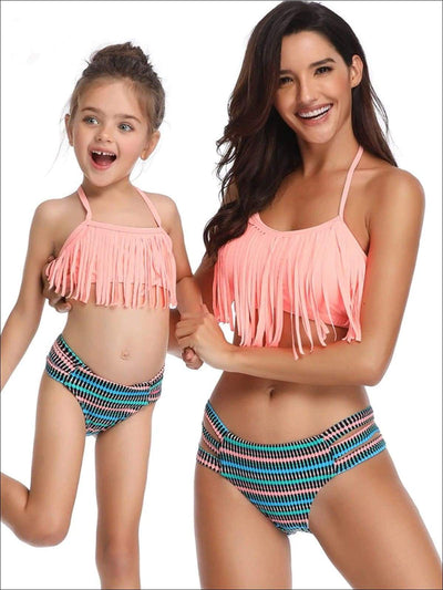 Mommy & Me Fringe Self-Tie Two Piece Swimsuit - Orange / Mom S - Mommy & Me Swimsuit