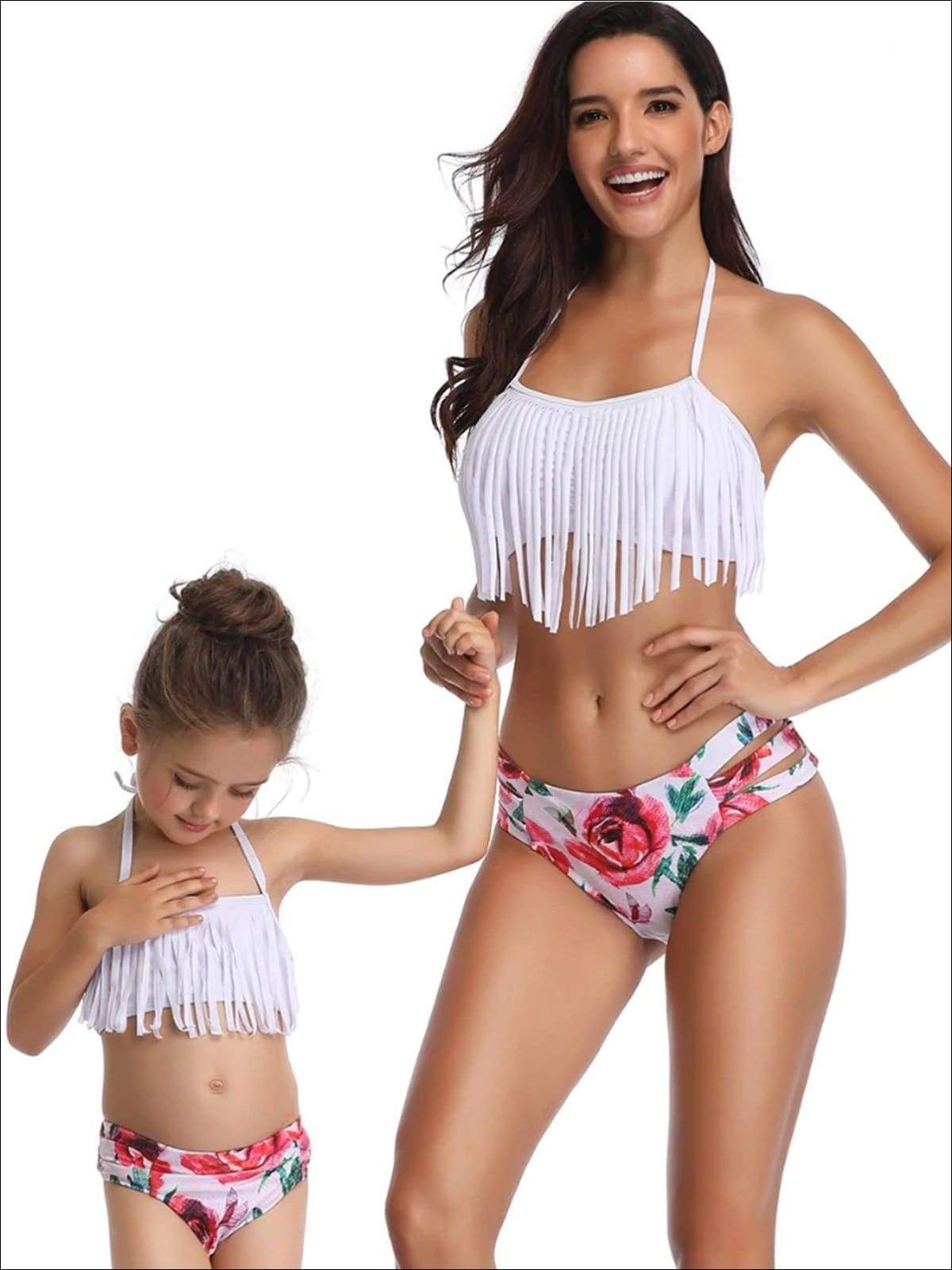 Mommy & Me Fringe Self-Tie Two Piece Swimsuit - White / Mom S - Mommy & Me Swimsuit
