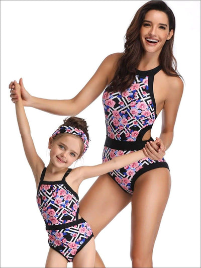 Mommy & Me Geometric & Floral Print One Piece Swimsuit - Black / Mom S - Mommy & Me Swimsuit