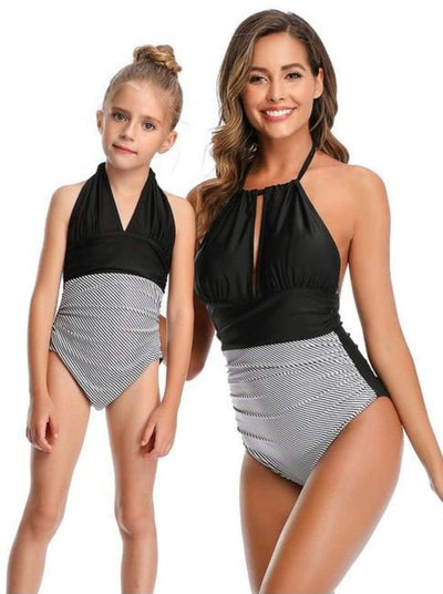Mommy & Me Leaf One Piece Swimsuit - Black Stripped / Mom S - Mommy & Me Swimsuit