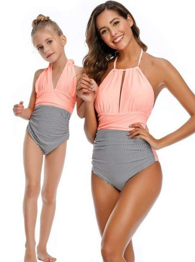 Mommy & Me Leaf One Piece Swimsuit - Peach Stripped / Mom S - Mommy & Me Swimsuit