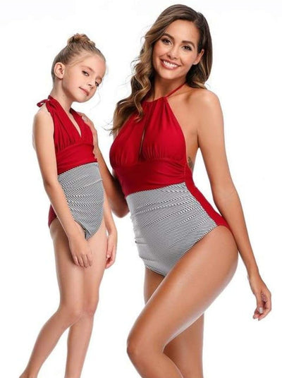 Mommy & Me Leaf One Piece Swimsuit - Red Stripped / Mom S - Mommy & Me Swimsuit