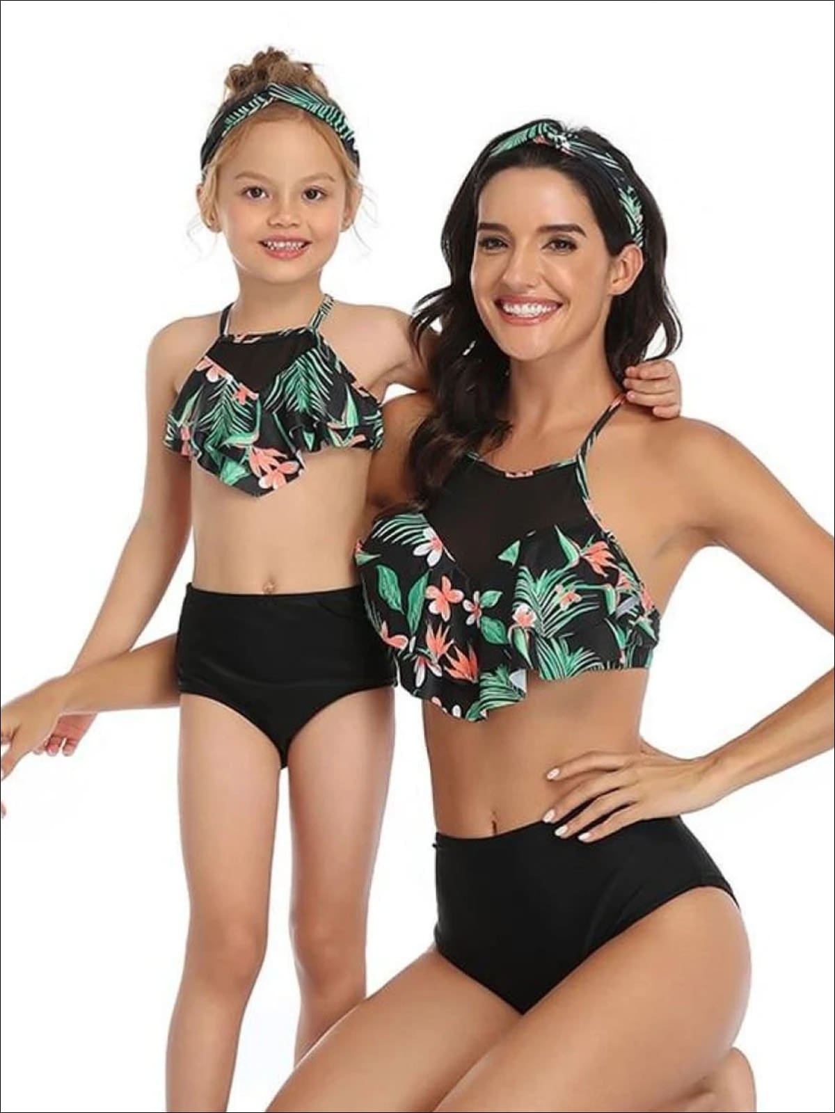 Mommy & Me Leaf Print Mesh Ruffled High Waist Two Piece Swimsuit - Mommy & Me Swimsuit