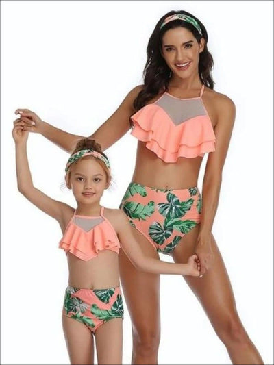 Mommy & Me Leaf Print Mesh Ruffled High Waist Two Piece Swimsuit - Mommy & Me Swimsuit