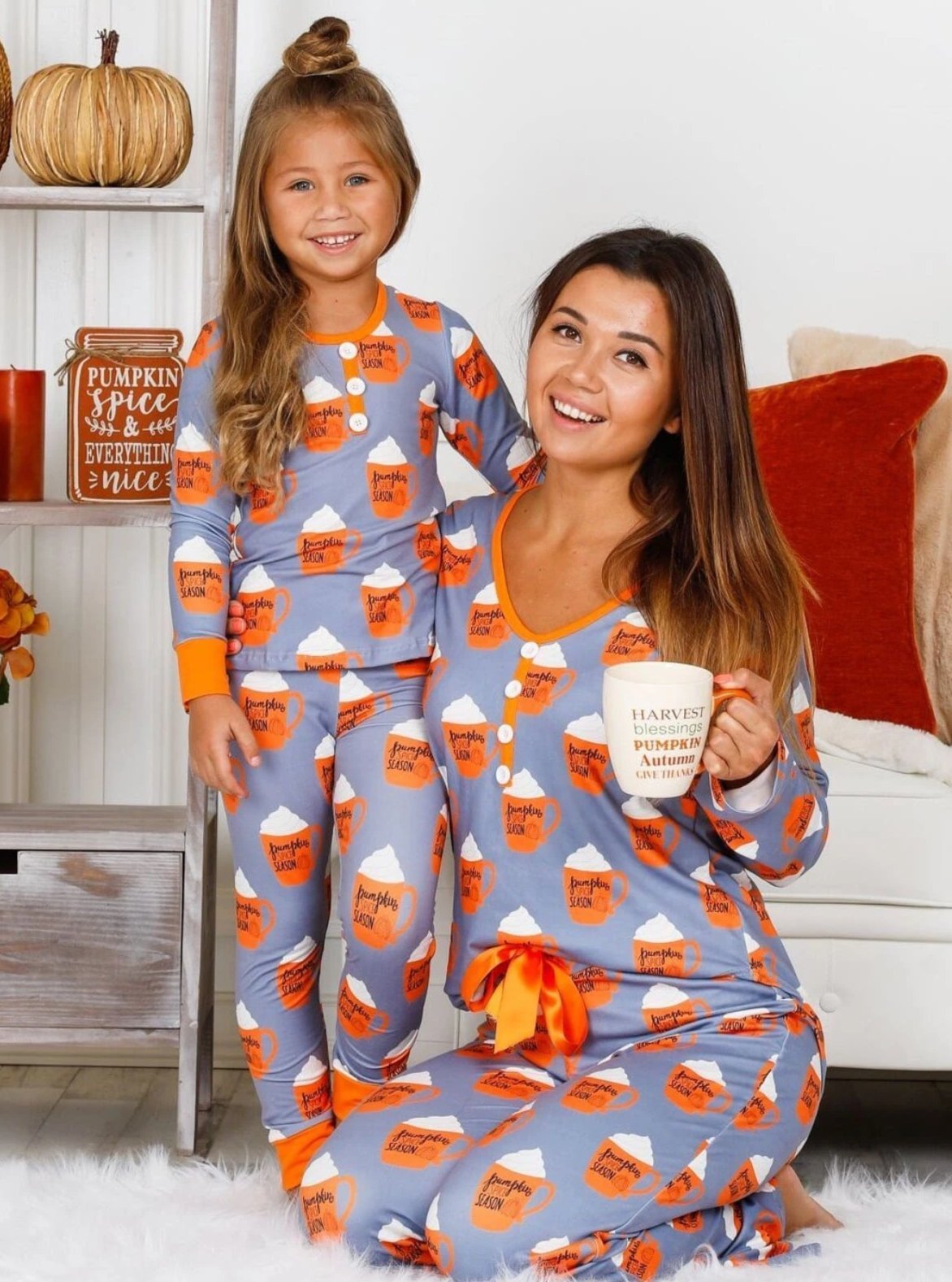 Mommy and Me Matching Pumpkin Spice Pajama Set- Mia Belle Girls