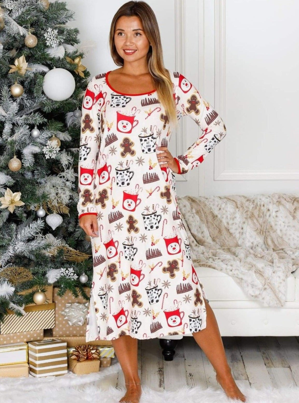 Mommy & Me Long Sleeve Side Slit Holiday Nightgown Pajama - Mommy & Me Pajamas