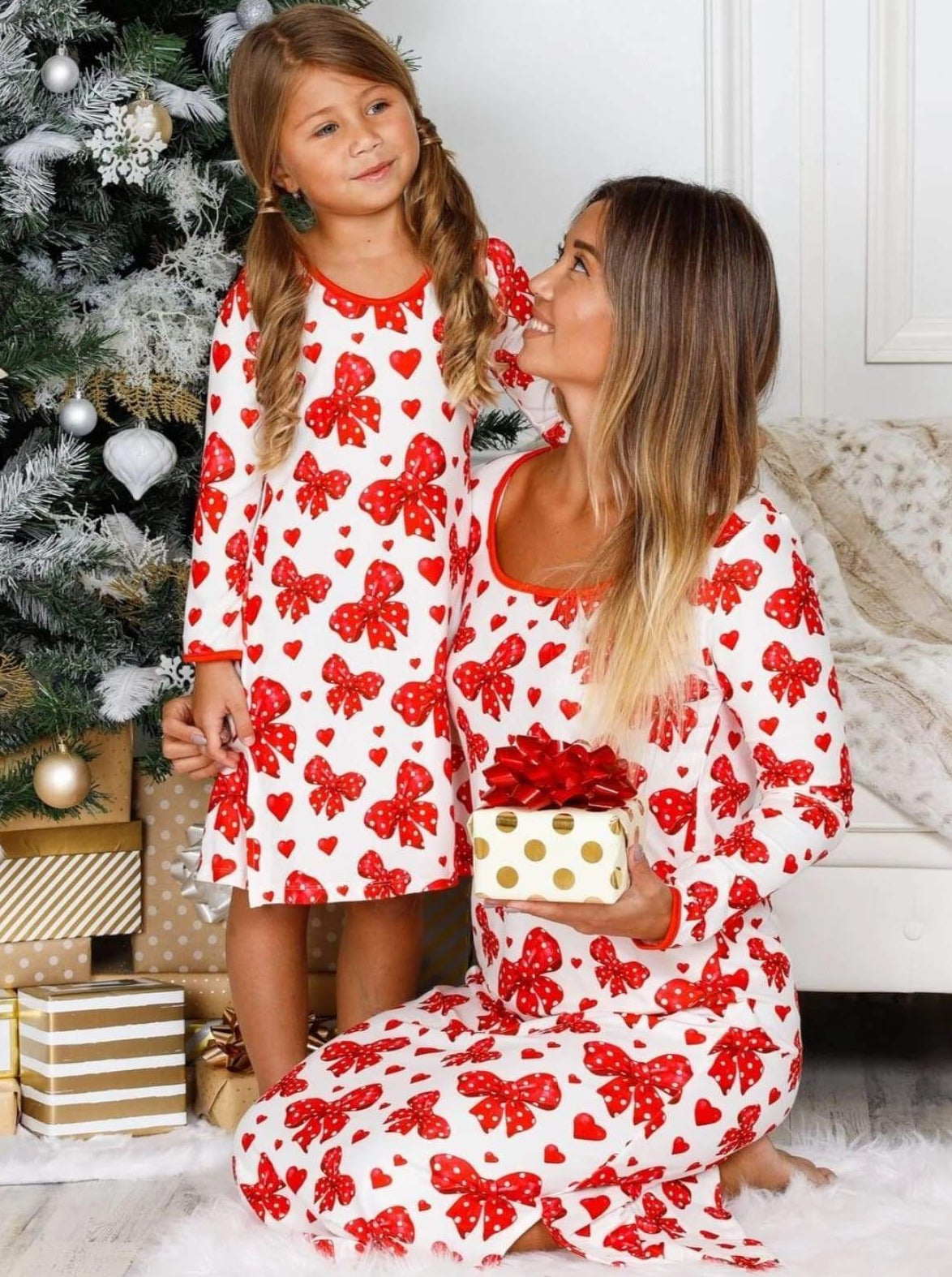 Mommy & Me Long Sleeve Side Slit Holiday Nightgown Pajama - Mommy & Me Pajamas