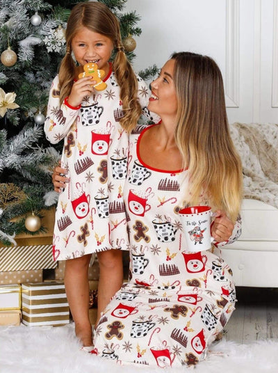 Mommy & Me Long Sleeve Side Slit Holiday Nightgown Pajama - Beige / 2T/3T - Mommy & Me Pajamas