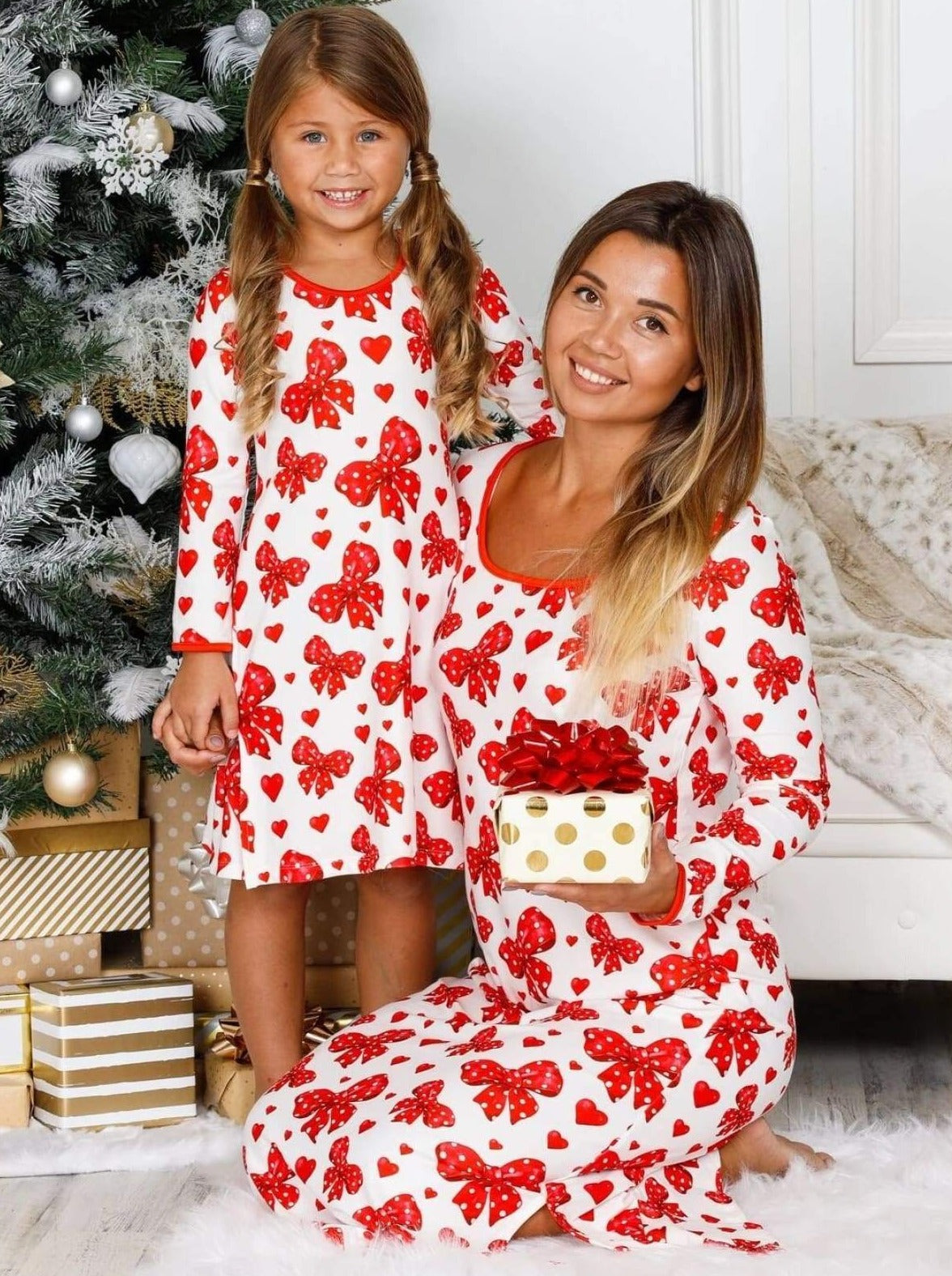 Mommy & Me Long Sleeve Side Slit Holiday Nightgown Pajama - Red / 2T/3T - Mommy & Me Pajamas