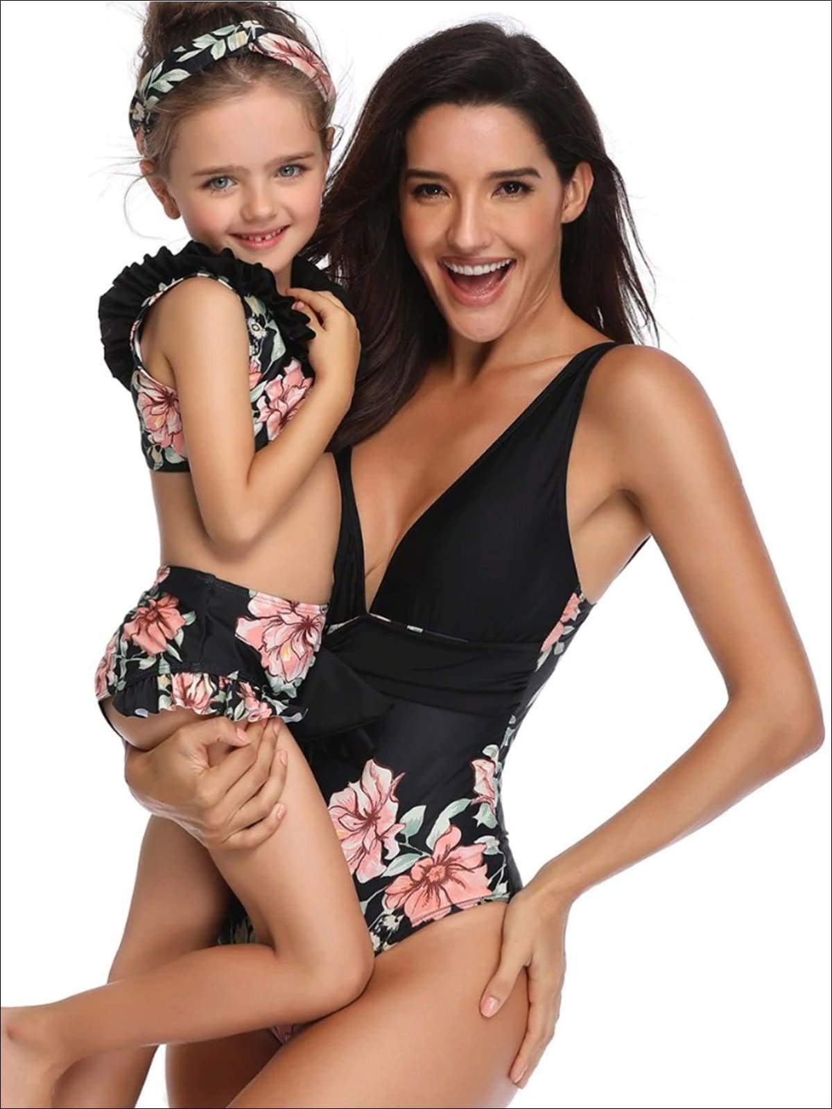 Mommy & Me Resort Swimwear | Matching Black Floral Print Swimsuits