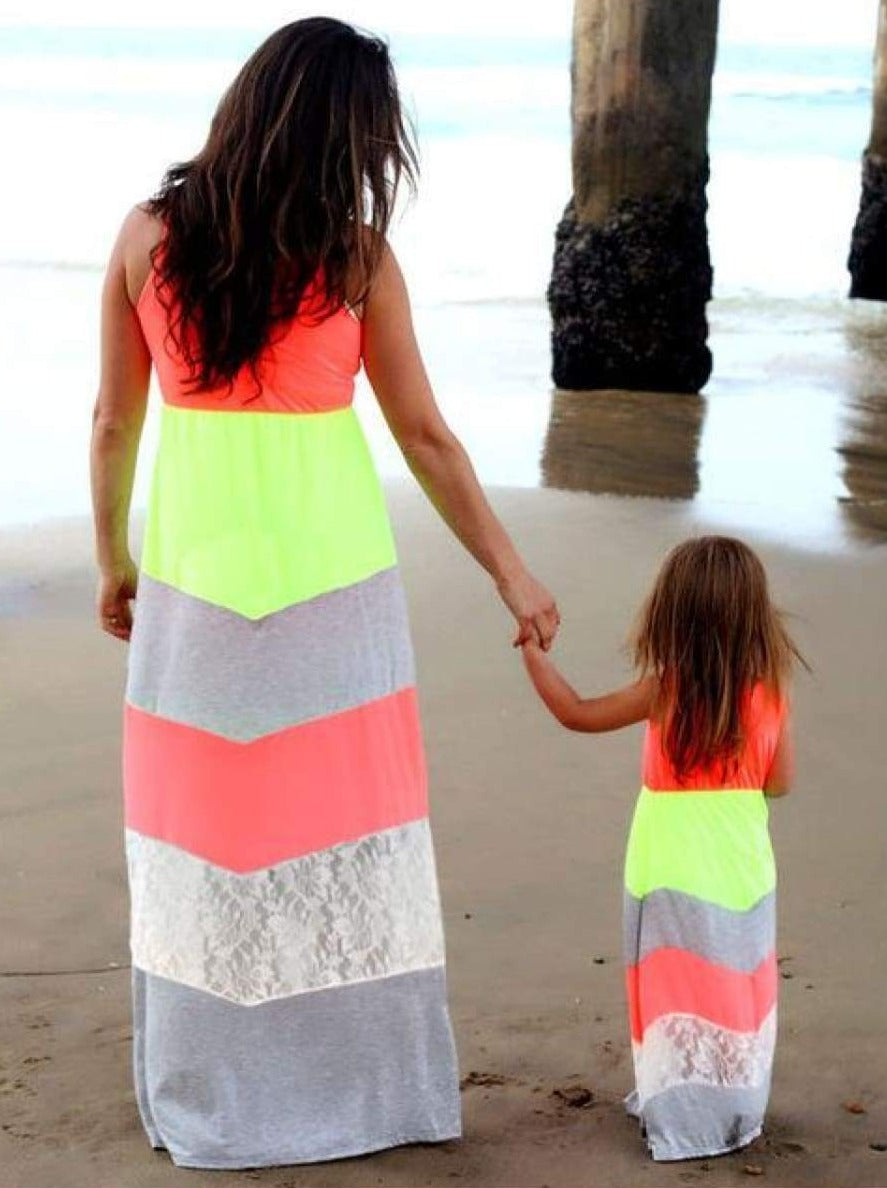 Mommy & Me Chevron Print Please Maxi Dress - Neon Green/Grey/Orange/Lace / Mom S - Mommy & Me
