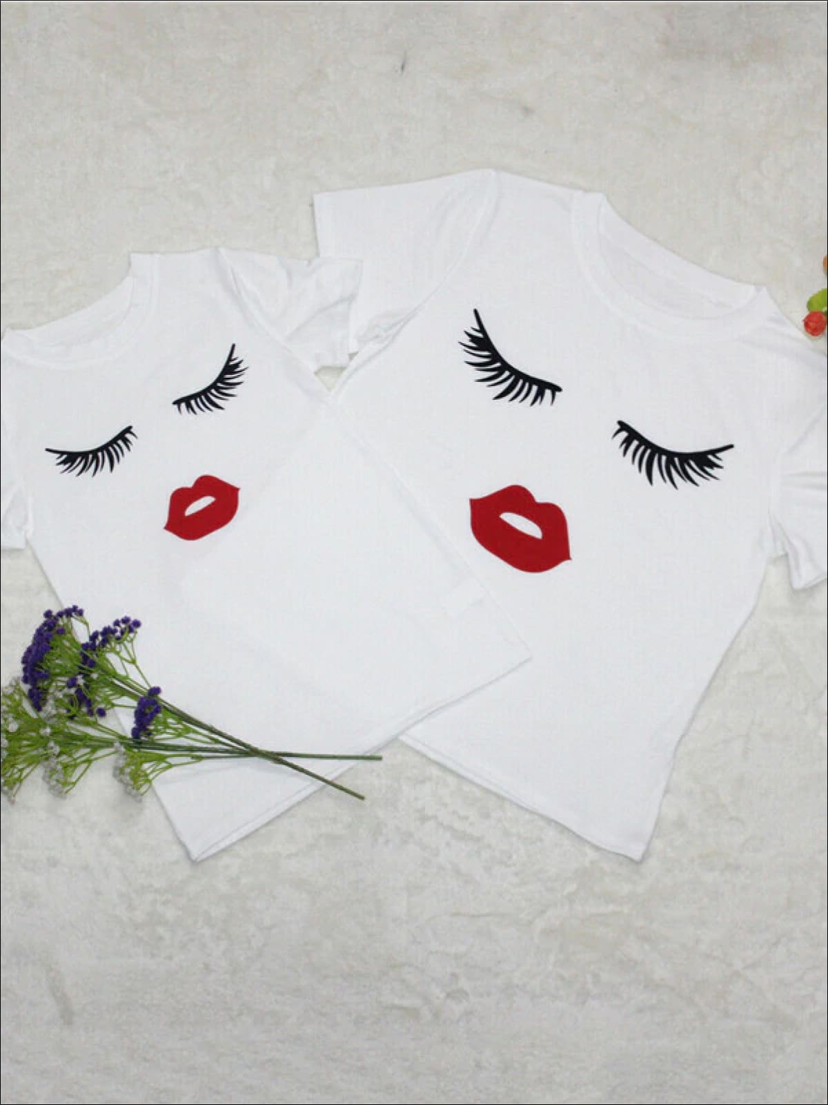 Mommy & Me Matching Eyelash & Lips T-Shirt - White / Women S - Mommy & Me Top