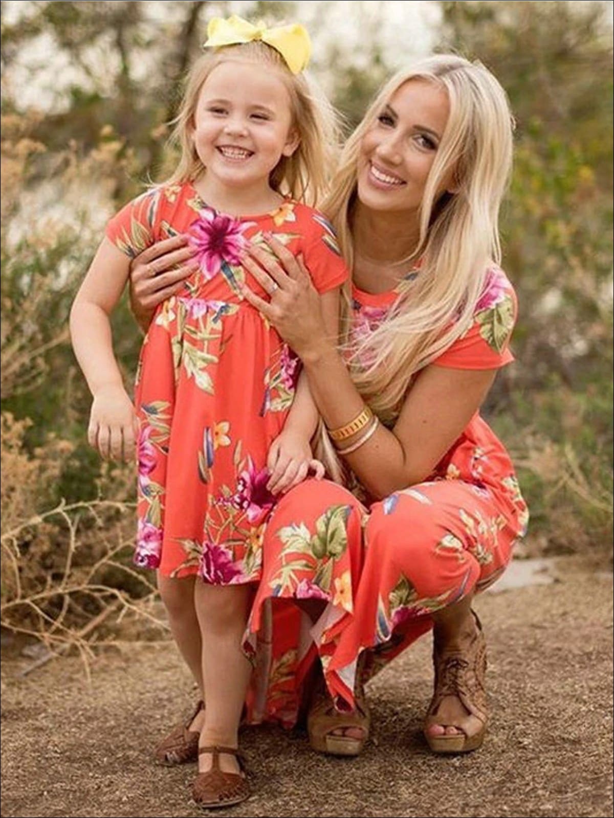 Mommy & Me Matching Floral Print Bohemian Dress - Orange / Mom S - Mommy & Me